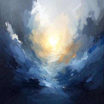 The primary subject of the image is a painting of a sunset. The setting is a cloudy sky, and the visual style is a digital art or illustration. The dominant colors are blue and orange, creating a moody atmosphere.